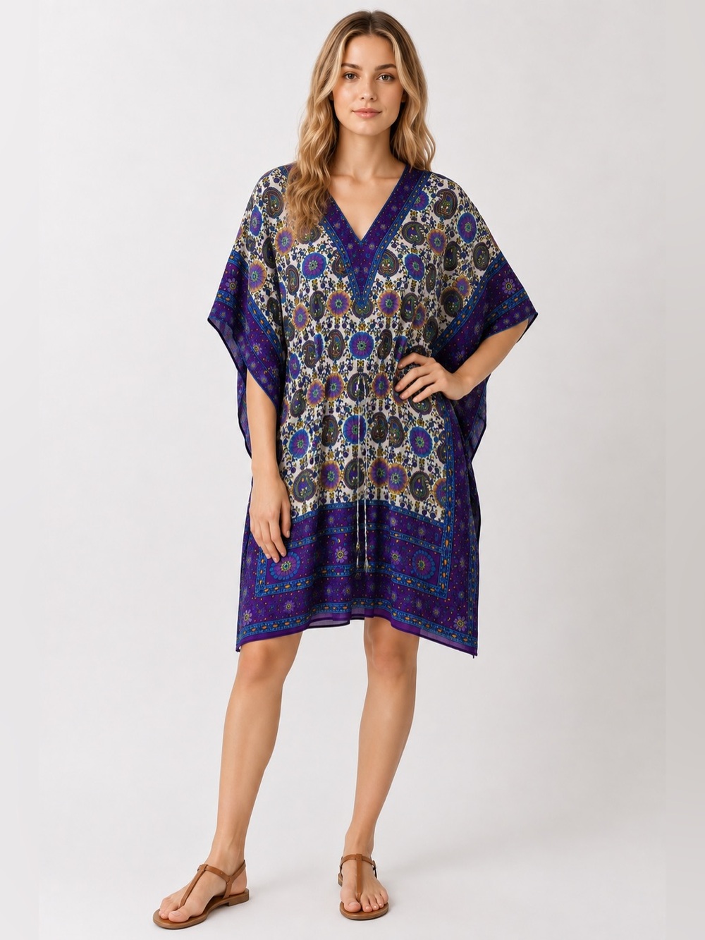 Venice Blue Dress Swim Cover Adjustable Paisley Art Caftan Boho Resort India OS